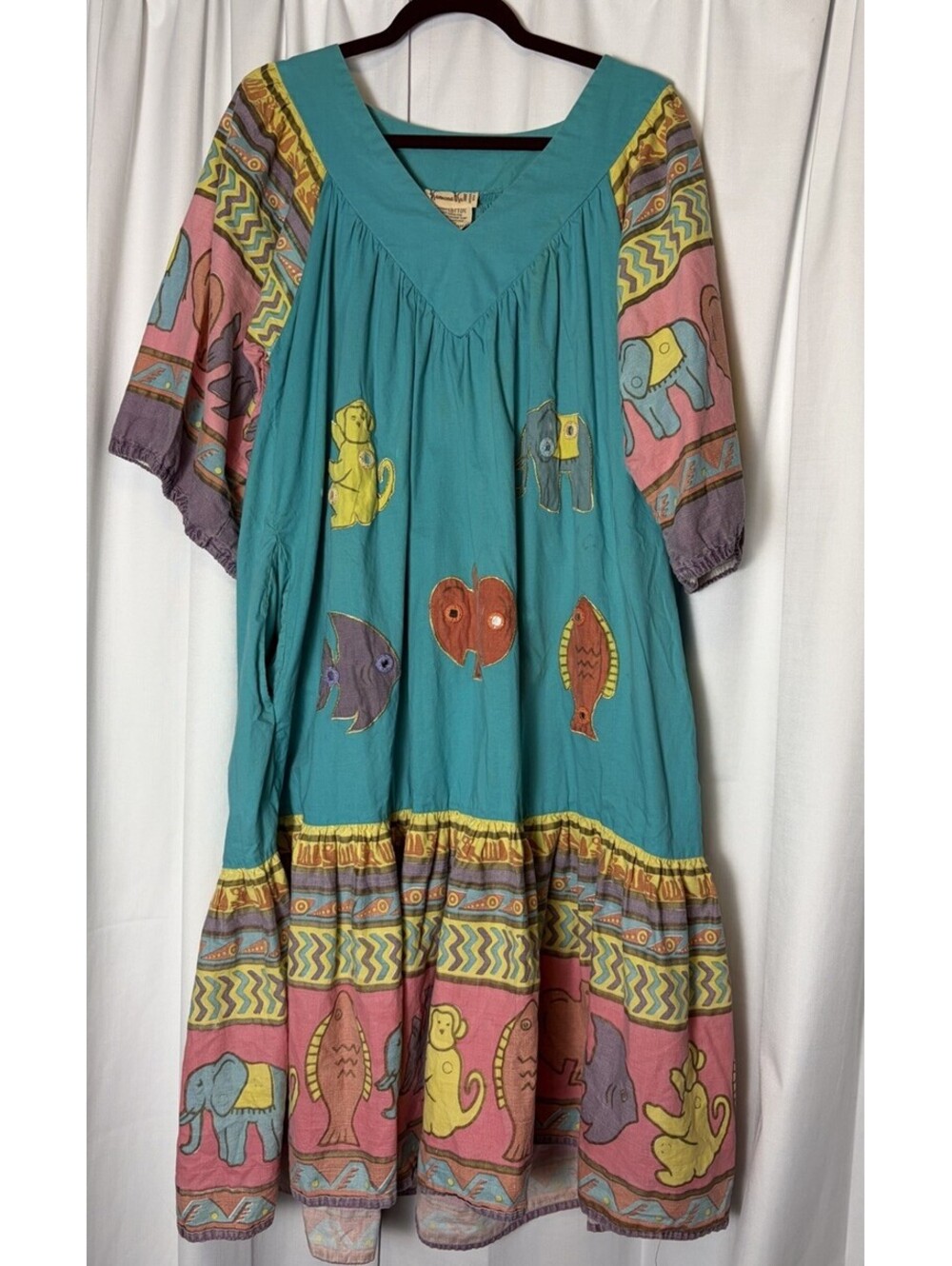 Vintage 1970s Ramona Rull Multicolor Animal Fish Caftan Mumu Dress Size Large